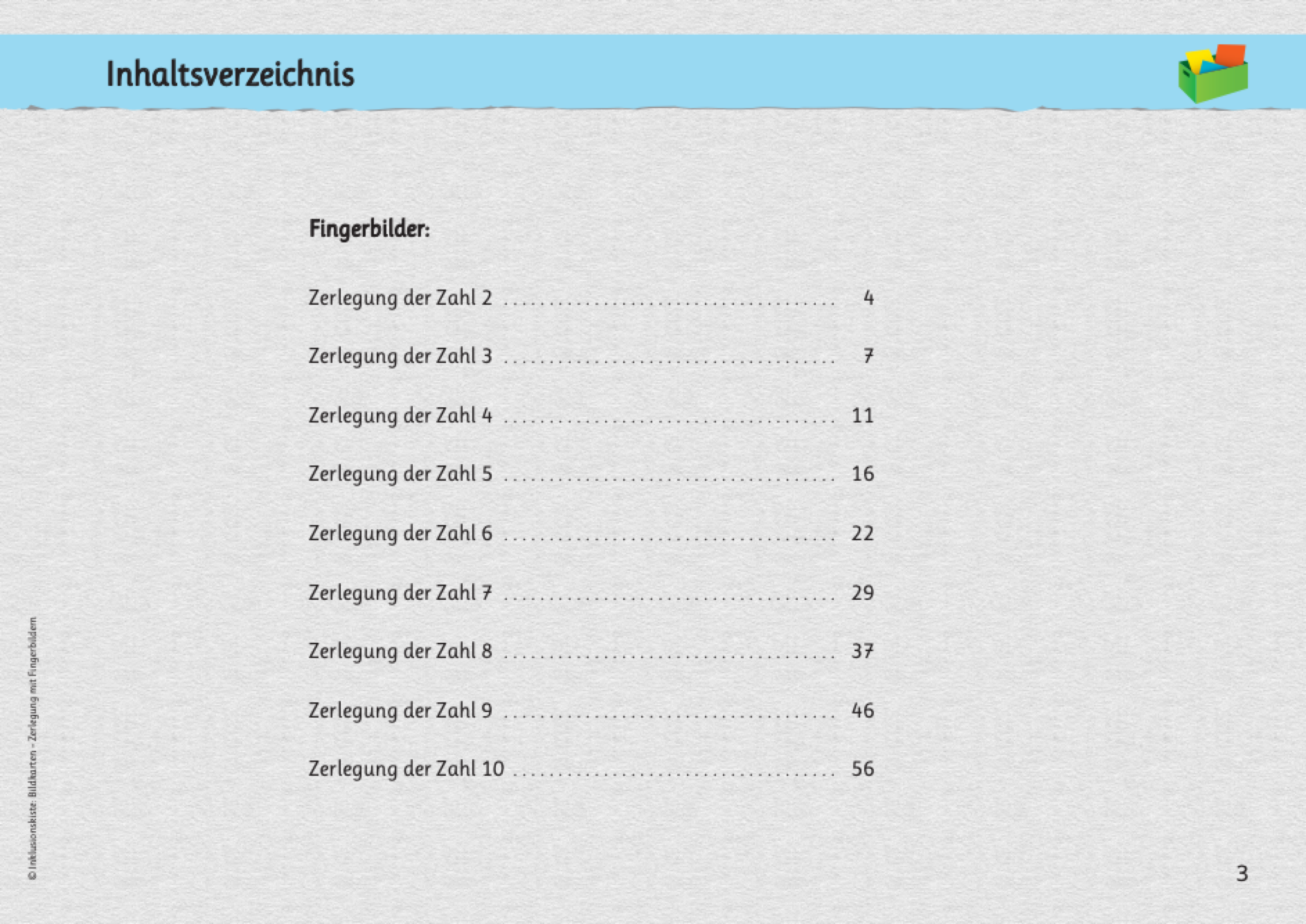 Inhaltsverzeichnis des E-Books: `Bilderkarten - Zerlegung mit Fingerbildern`