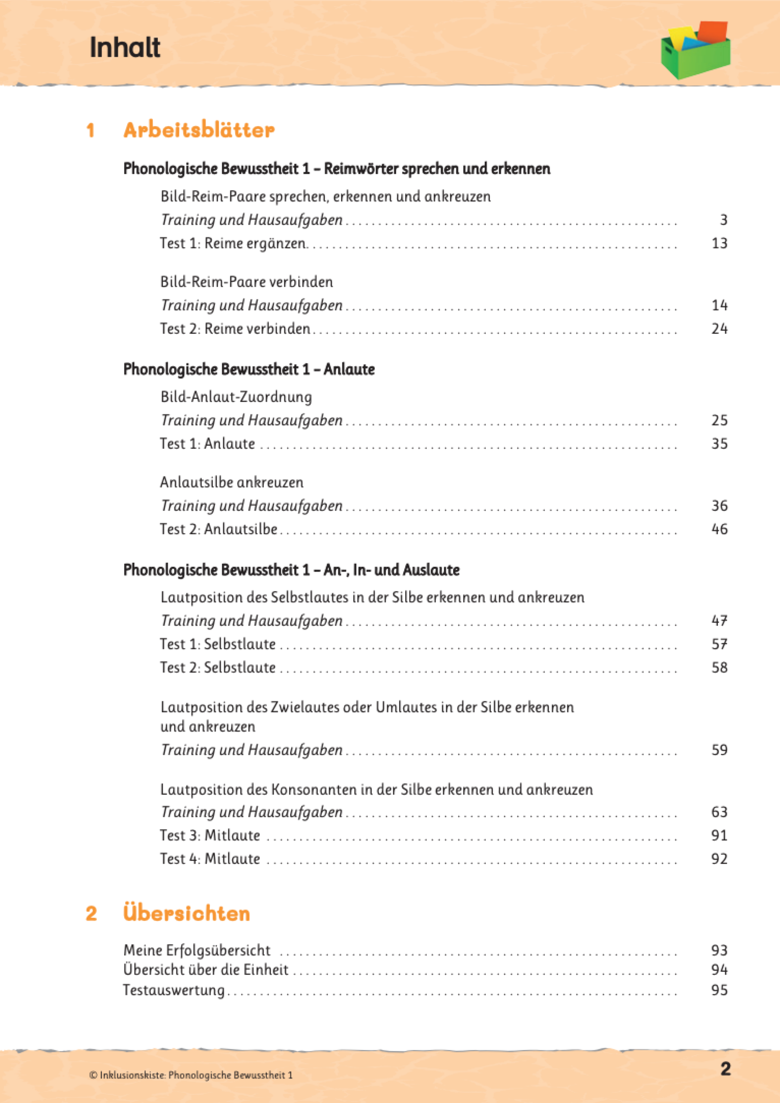 Inhaltsverzeichnis des E-Books „Phonologische Bewusstheit 1“ mit Übersicht zu Themen wie Reimwörter erkennen, Anlaute unterscheiden und die Position von Vokalen innerhalb von Silben bestimmen.