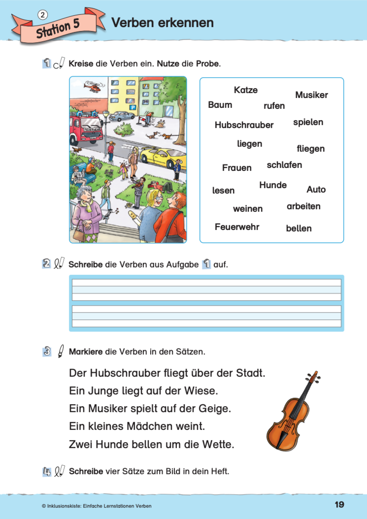 Kostenloses Arbeitsblatt aus dem  E-Book: `Einfache Lernstationen: Verben` mit einem bunten Wimmelbild auf dem diverse Tätigkeiten zu erkennen sind. Daneben stehen verschiedenen wortarten in einem Kasten, die zum Bild passen. Die Kinder kreisen jedoch nur die Tätigkeiten.ein und schreibne sie auf. 