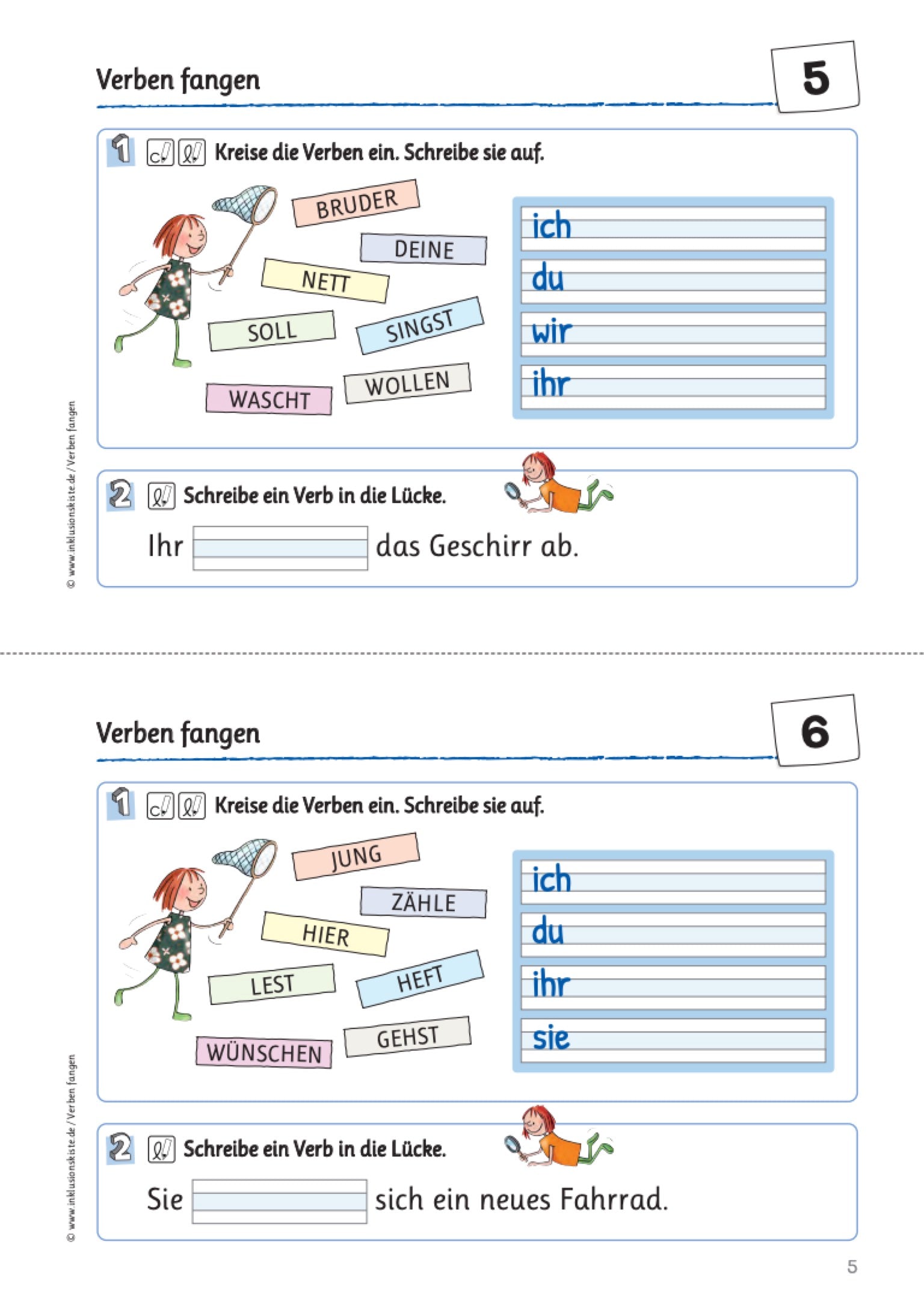 Zweiteiliges Arbeitsblatt mit Schreibzeilen und einer gezeichneten Grafik. Eine Mädchen fängt mit einem Kescher in der Luft fliegende Wörter. Dabei müssen die Schüler aus insgesamt sieben großgeschriebenen Wörtern Verben erkennen und aufschreiben.