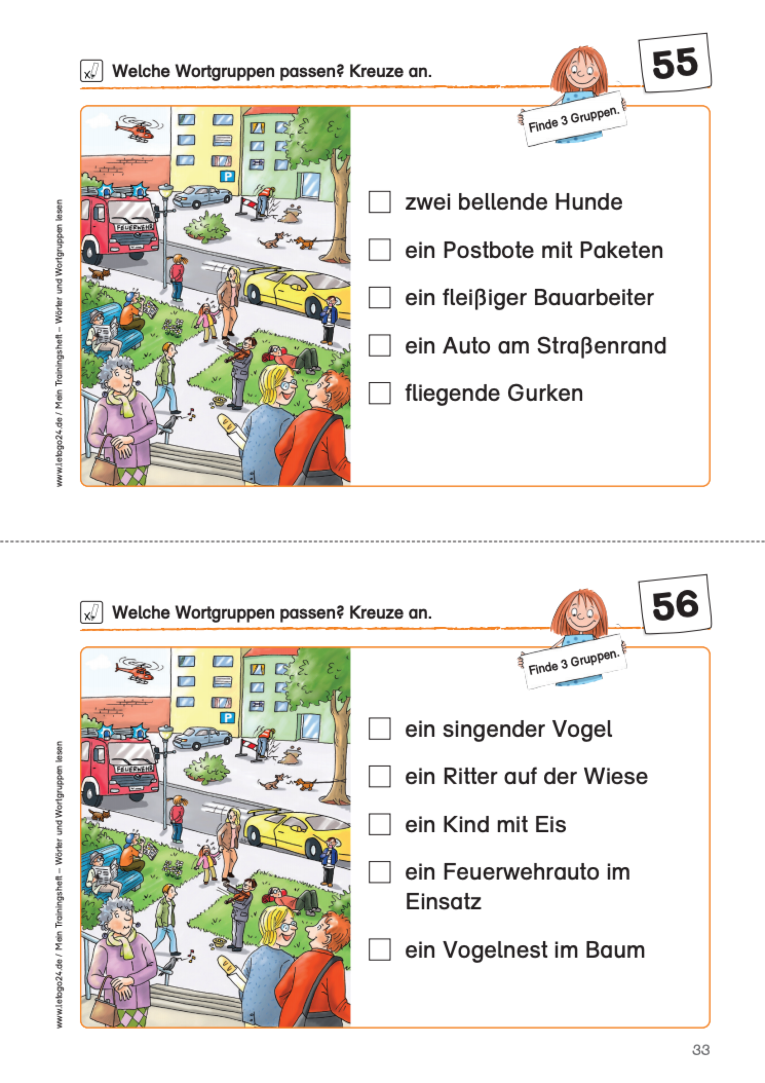 Lesearbeitsblatt mit zwei Wimmelbildern und jeweils fünf danebengehenden Wortgruppen. Die Kinder lesen diese und kreuzen an, welche Wortgruppen zum Bild passen.