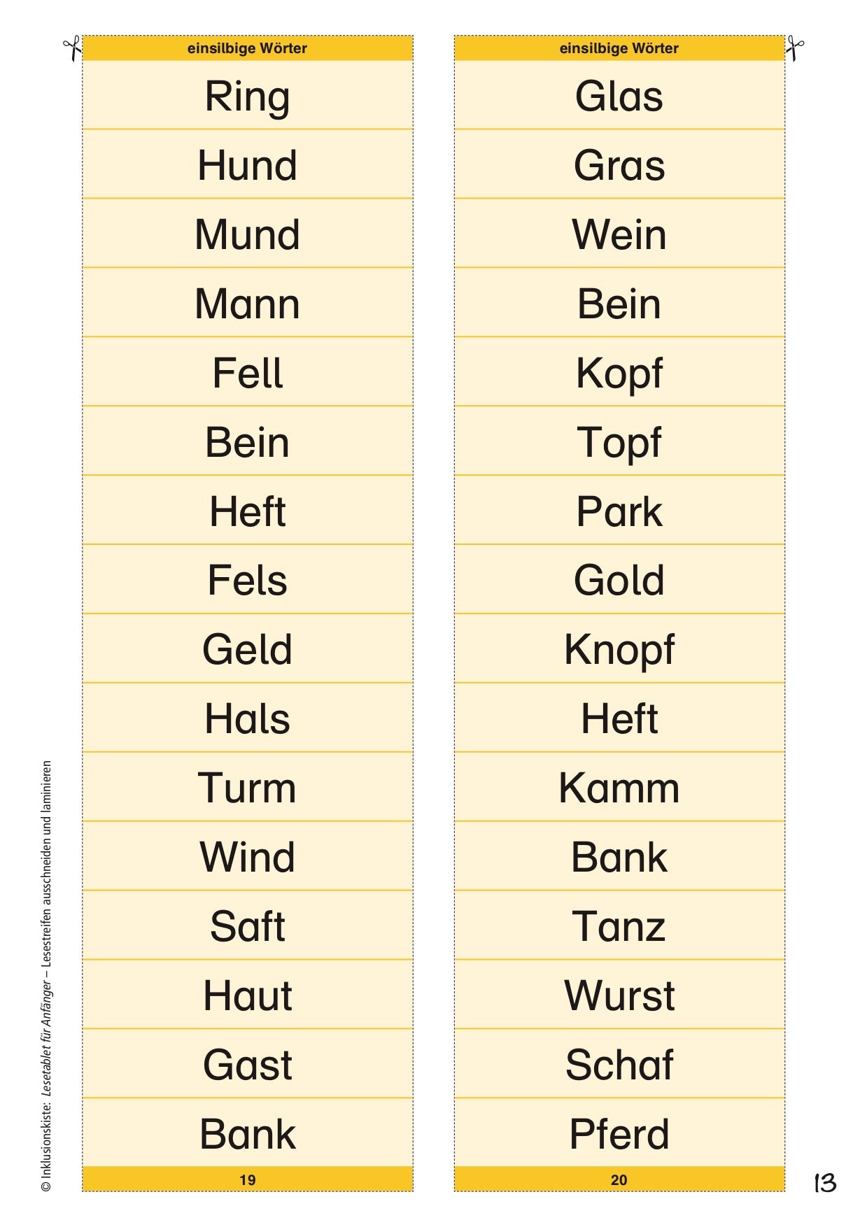 Zwei gelbe Lesestreifen mit einsilbigen Wörtern für Leseanfänger. Oben steht jeweils „einsilbige Wörter“, unten sind die Seitenzahlen 19 und 20 der Lesesteifen notiert.
