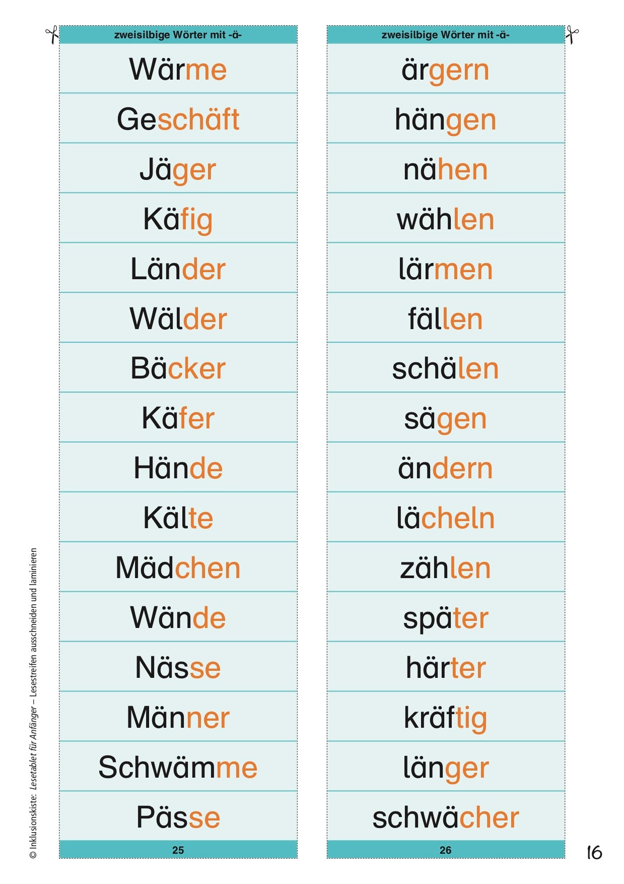 Zwei hellgrüner Lesestreifen mit zweisilbigen Wörtern für Leseanfänger. Oben steht jeweils „zweisilbige Wörter“, unten sind die Seitenzahlen 25 und 26 der Lesesteifen notiert.