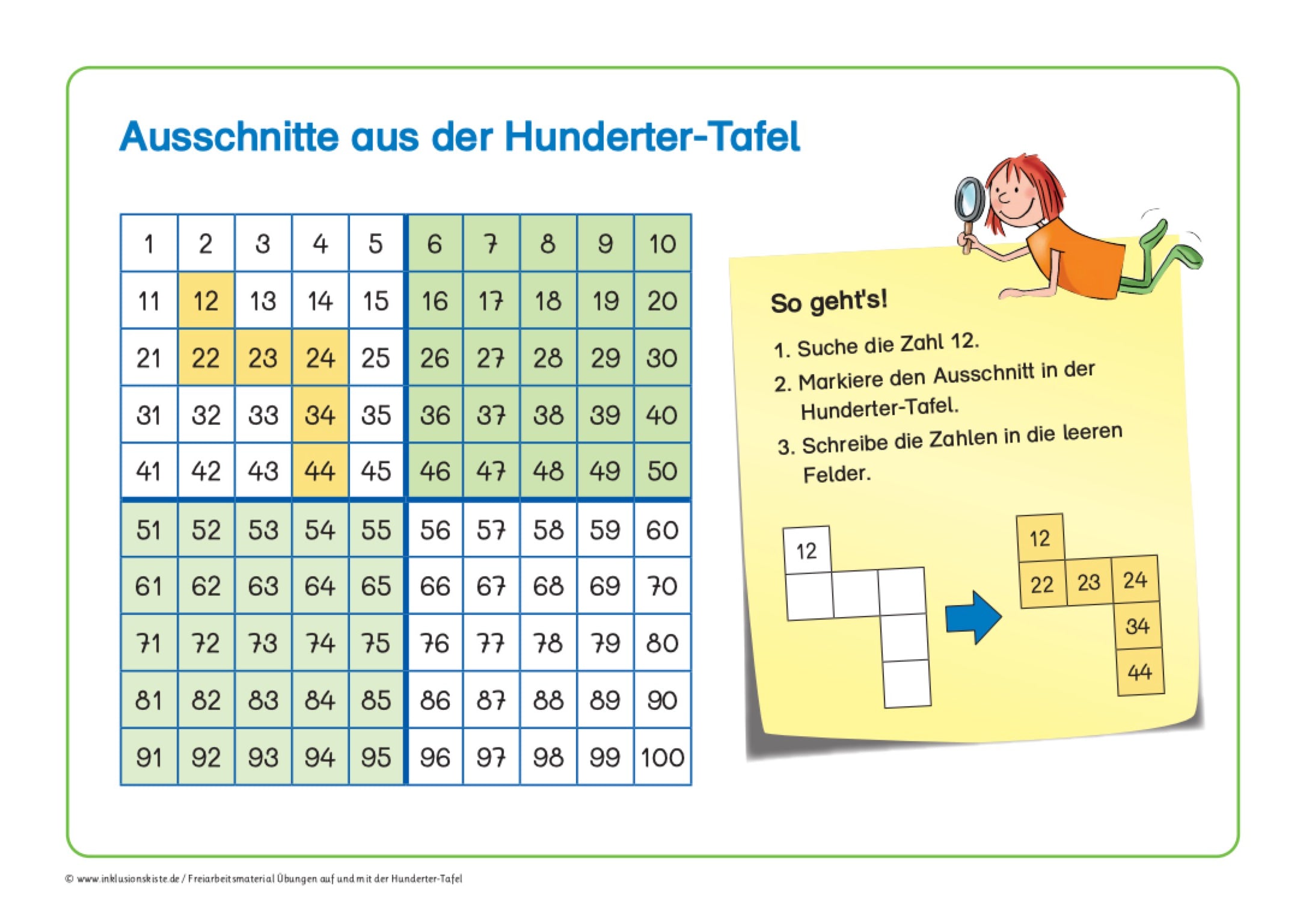 Das Miniposter zeigt einen Hundertertafel mit einem gelb markiertem Ausschnitt. Daneben der Hundertertafel zeigt eine Schritt-für-Schritt-Anleitung wie die Zahlen in den Ausschnitten gefunden wird.