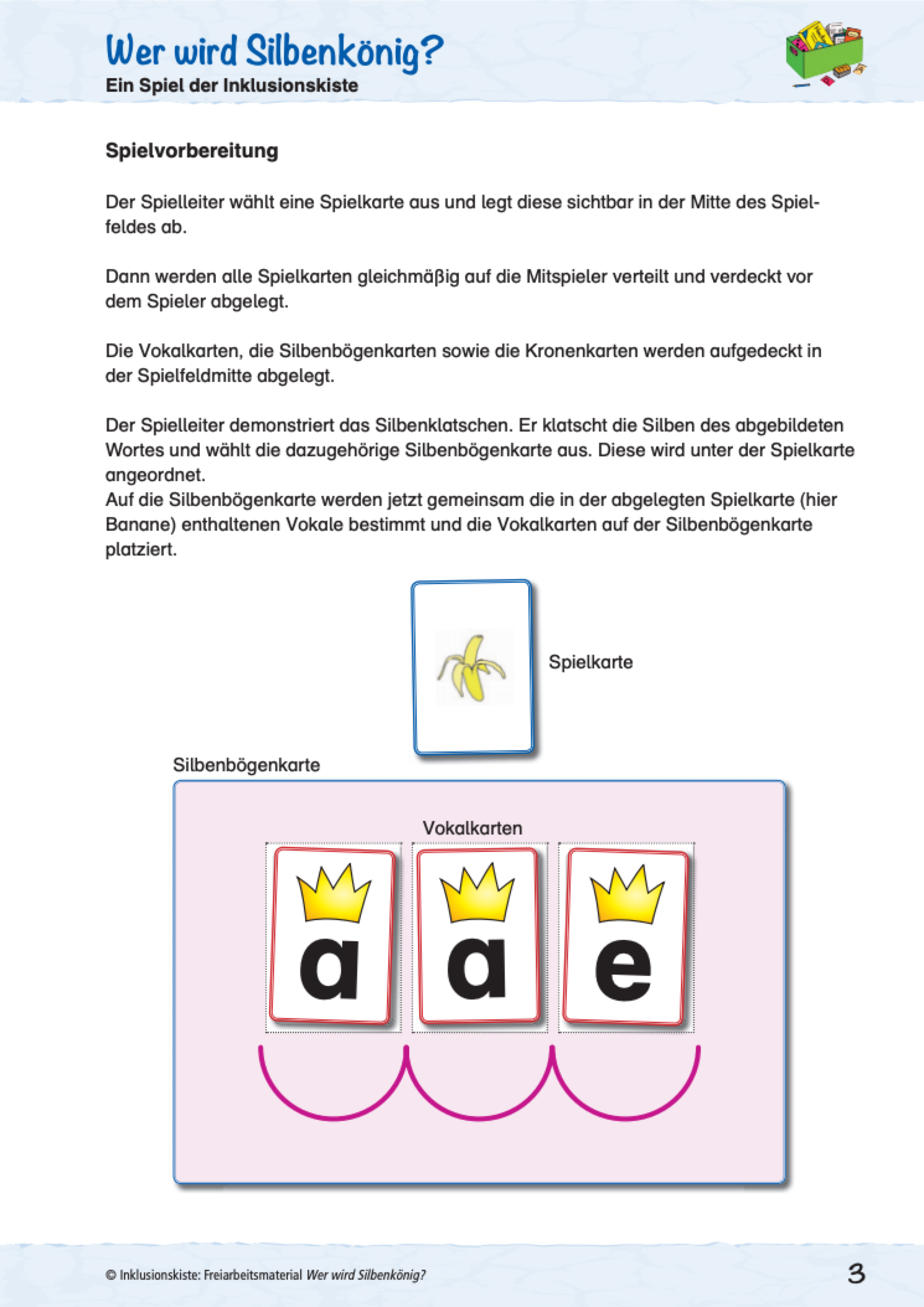Anleitung zur Spielvorbereitung des Lernspieles "Wer wird Silbenkönig?" mit einer Visualisierung eines Spielergebnisses.