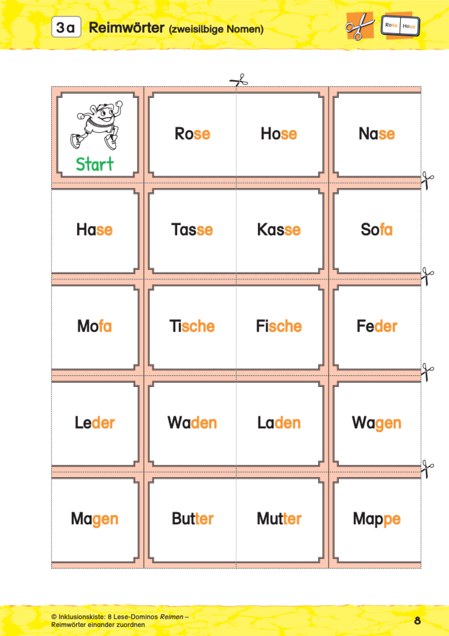 Zehn kleine Wort-Spielkarten aus dem E-Book „8 Lese-Dominos Reimen“ . Die Reimsilben in den Wörtern sind orange hervorgehoben. Auf den Spielkarten stehen unter anderm Rose, Hose, Nase , Hase. Ziel der Übung ist es, passende Reim-Wortpaare zu erkennen und miteinander zu verbinden.
