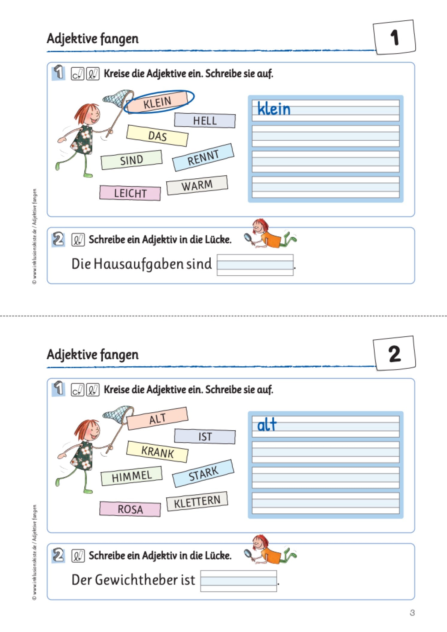 Zweiteiliges Arbeitsblatt mit Schreibzeilen und einer gezeichneten Grafik. Eine Mädchen fängt mit einem Kescher in der Luft fliegende Wörter. Dabei müssen die Schüler aus insgesamt sieben großgeschriebenen Wörtern Adjektive erkennen und aufschreiben.